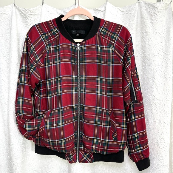 Red Plaid Bomber Jacket Full Zip Pockets Lined Lightweight Casual Size Small - Picture 9 of 10